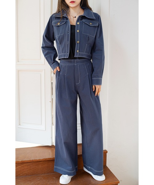 Jewelobe(ジュエローブ)の「配色ステッチコンパクトジャケット&タックワイドパンツ(セットアップ・レディース・ネイビー/カーキ/アイボリー・FREE)」の1枚目の写真