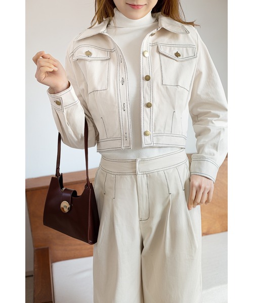 Jewelobe(ジュエローブ)の「配色ステッチコンパクトジャケット&タックワイドパンツ(セットアップ・レディース・ネイビー/カーキ/アイボリー・FREE)」の22枚目の写真