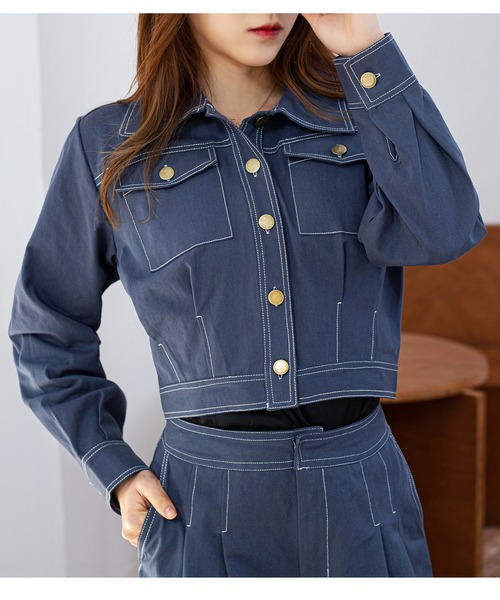 Jewelobe(ジュエローブ)の「配色ステッチコンパクトジャケット&タックワイドパンツ(セットアップ・レディース・ネイビー/カーキ/アイボリー・FREE)」の11枚目の写真