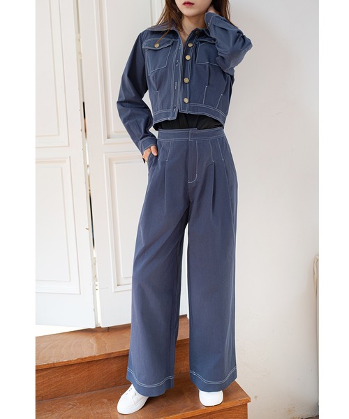 Jewelobe(ジュエローブ)の「配色ステッチコンパクトジャケット&タックワイドパンツ(セットアップ・レディース・ネイビー/カーキ/アイボリー・FREE)」の21枚目の写真