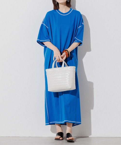 Web限定 別注 綿100 オーガニックコットン 無地 配色ステッチ オーバーサイズ 半袖 ワンピース
