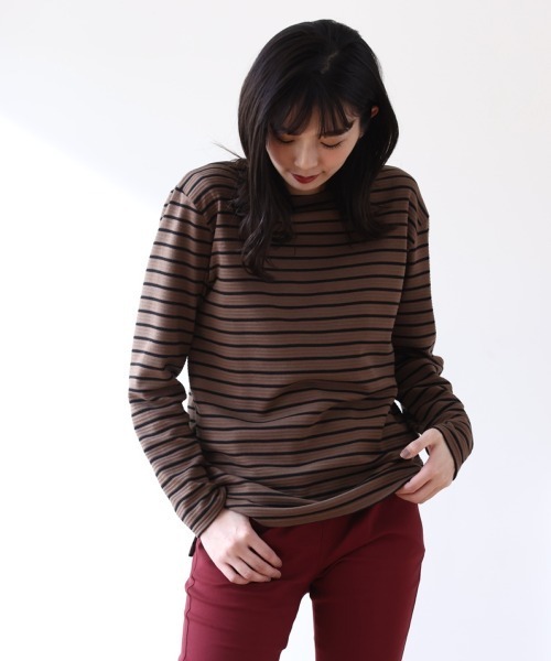 SMILE LAND（スマイルランド）の「大きいサイズ ゆるシルエットボートネックリップルボーダープルオーバー（Tシャツ/カットソー・レディース・ブラック×ホワイト/ホワイト系その他2/ブラウン系その他2・3L/LL/4L/6L/5L/L）」の14枚目の写真