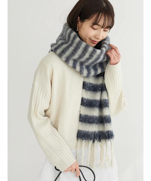 Green　Parks（グリーンパークス）の「・ボーダーフリンジマフラー＊（マフラー・レディース・パープル/ネイビー/カーキ・FREE）」の4枚目の写真