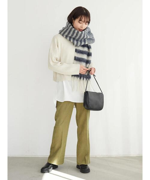 Green　Parks（グリーンパークス）の「・ボーダーフリンジマフラー＊（マフラー・レディース・パープル/ネイビー/カーキ・FREE）」の5枚目の写真