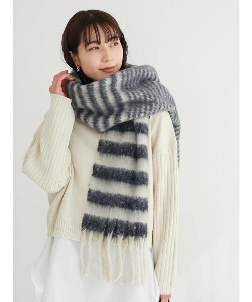 Green　Parks（グリーンパークス）の「・ボーダーフリンジマフラー＊（マフラー・レディース・パープル/ネイビー/カーキ・FREE）」の7枚目の写真