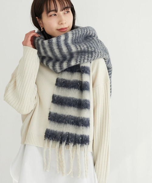 Green　Parks（グリーンパークス）の「・ボーダーフリンジマフラー＊（マフラー・レディース・パープル/ネイビー/カーキ・FREE）」の3枚目の写真