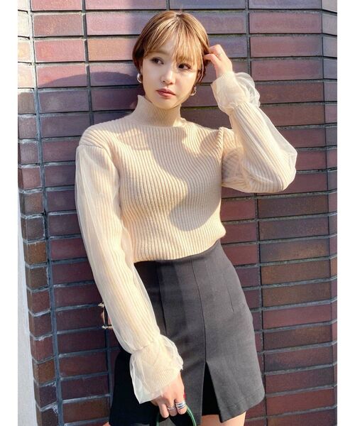 EMODA（エモダ）の「チュールコンビネーションフィットニット（ニット/セーター・レディース・アイボリー/ブラウン/ブラック・FREE）」の4枚目の写真