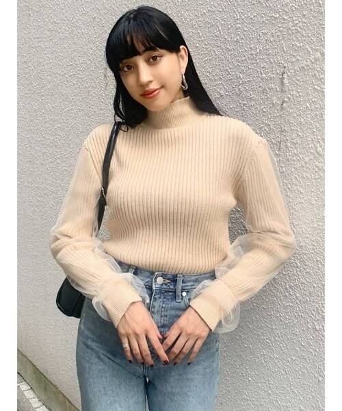 EMODA（エモダ）の「チュールコンビネーションフィットニット（ニット/セーター・レディース・アイボリー/ブラウン/ブラック・FREE）」の7枚目の写真