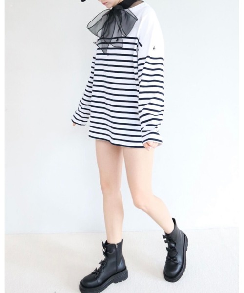 epine（エピヌ）の「e big border long tee（Tシャツ/カットソー・レディース・ホワイト/ネイビー・FREE）」の6枚目の写真