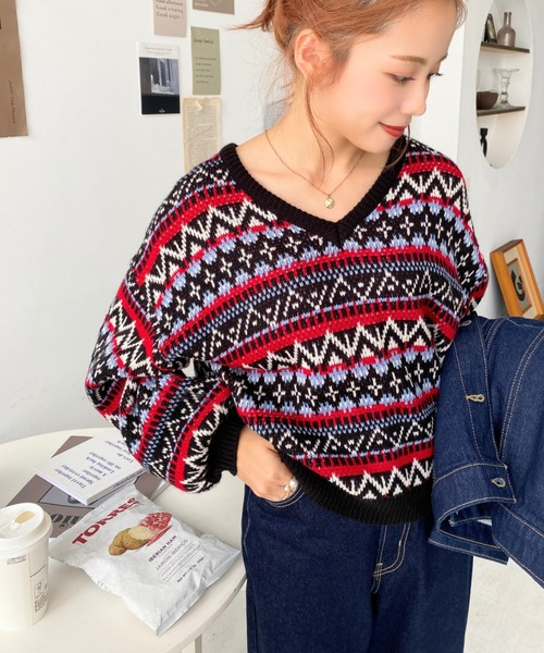 moment+（モーメントプラス）の「6G 幾何学模様ジャガードVネック