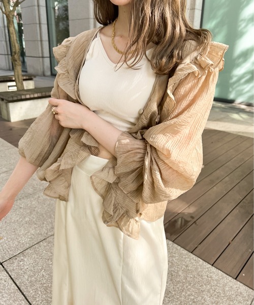 Ambre Ciel（アンブルシエル）の「ラッフルシアーカーディガン／【WEB/EC限定商品】（シャツ/ブラウス・レディース・ブラック/オフホワイト/ライトグリーン/モカ・FREE）」の4枚目の写真