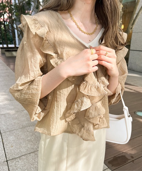 Ambre Ciel（アンブルシエル）の「ラッフルシアーカーディガン／【WEB/EC限定商品】（シャツ/ブラウス・レディース・ブラック/オフホワイト/ライトグリーン/モカ・FREE）」の13枚目の写真