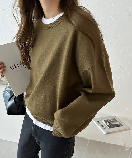 andme（アンドミー）の「【新色追加】クルーネック無地ボーダー長袖ニットトップス（ニット/セーター・レディース・ブラック/クリーム/グレー/キャメル/ピンク/グリーン/ライトイエロー/カーキオリーブ/ブルー系その他/オレンジ/ライトベージュ/レッド/ホワイト×ブラック/チャコールグレー/オフホワイト・M/L）」の10枚目の写真