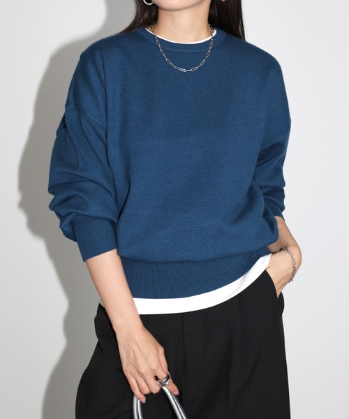 andme（アンドミー）の「【新色追加】クルーネック無地ボーダー長袖ニットトップス（ニット/セーター・レディース・ブラック/クリーム/グレー/キャメル/ピンク/グリーン/ライトイエロー/カーキオリーブ/ブルー系その他/オレンジ/ライトベージュ/レッド/ホワイト×ブラック/チャコールグレー/オフホワイト・M/L）」の11枚目の写真