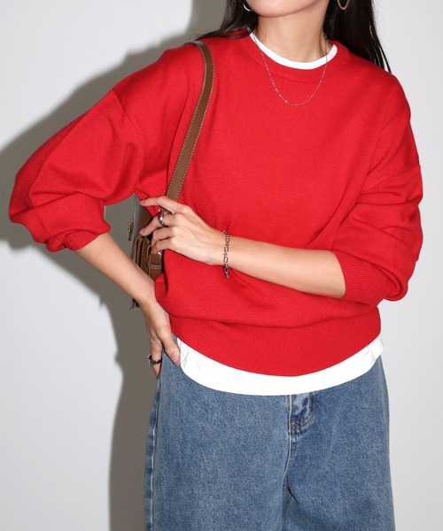 andme（アンドミー）の「【新色追加】クルーネック無地ボーダー長袖ニットトップス（ニット/セーター・レディース・ブラック/クリーム/グレー/キャメル/ピンク/グリーン/ライトイエロー/カーキオリーブ/ブルー系その他/オレンジ/ライトベージュ/レッド/ホワイト×ブラック/チャコールグレー/オフホワイト・M/L）」の1枚目の写真