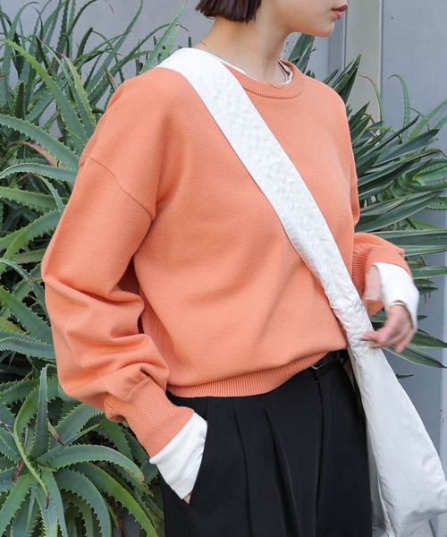 andme（アンドミー）の「【新色追加】クルーネック無地ボーダー長袖ニットトップス（ニット/セーター・レディース・ブラック/クリーム/グレー/キャメル/ピンク/グリーン/ライトイエロー/カーキオリーブ/ブルー系その他/オレンジ/ライトベージュ/レッド/ホワイト×ブラック/チャコールグレー/オフホワイト・M/L）」の15枚目の写真