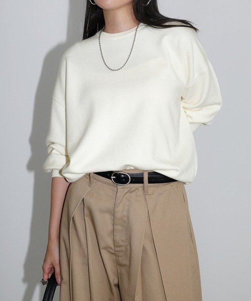 セール】【新色追加】クルーネック無地ボーダー長袖ニットトップス