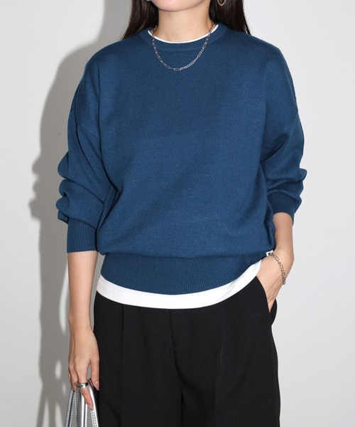 STONE  ネイビー 長袖ニット セール】【新色追加】クルーネック無地ボーダー長袖ニットトップス