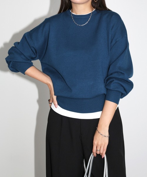 セール】【新色追加】クルーネック無地ボーダー長袖ニットトップス