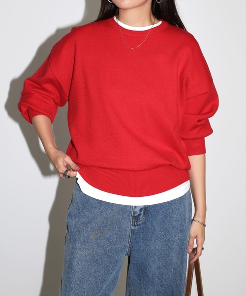 andme（アンドミー）の「【新色追加】クルーネック無地ボーダー長袖ニットトップス（ニット/セーター・レディース・ブラック/クリーム/グレー/キャメル/ピンク/グリーン/ライトイエロー/カーキオリーブ/ブルー系その他/オレンジ/ライトベージュ/レッド/ホワイト×ブラック/チャコールグレー/オフホワイト・M/L）」の17枚目の写真