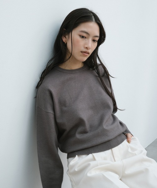 セール】【新色追加】クルーネック無地ボーダー長袖ニットトップス