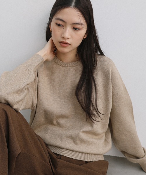 新色追加】クルーネック無地ボーダー長袖ニットトップス（ニット