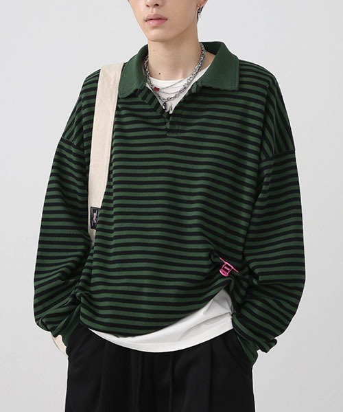 WESTBOY(ウエストボーイ)の「ルーズシルエットニットボーダーポロシャツ WO22WTP03【WB ORIGINALS】(ポロシャツ・メンズ・ブラック/レッド/グリーン・M/L/XL)」の3枚目の写真