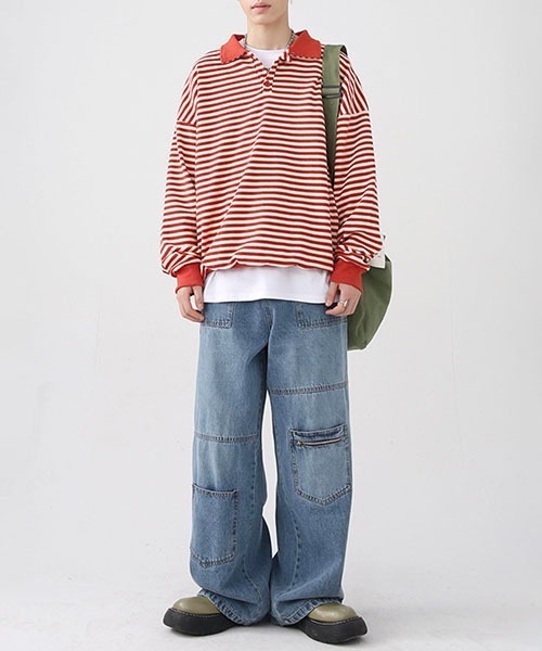 WESTBOY(ウエストボーイ)の「ルーズシルエットニットボーダーポロシャツ WO22WTP03【WB ORIGINALS】(ポロシャツ・メンズ・ブラック/レッド/グリーン・M/L/XL)」の15枚目の写真