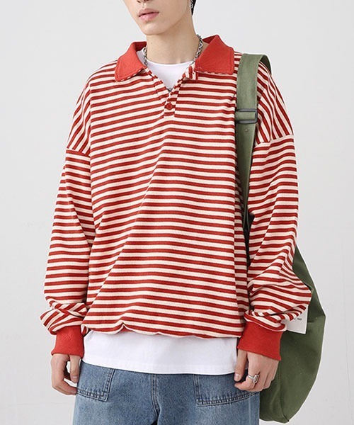 WESTBOY(ウエストボーイ)の「ルーズシルエットニットボーダーポロシャツ WO22WTP03【WB ORIGINALS】(ポロシャツ・メンズ・ブラック/レッド/グリーン・M/L/XL)」の8枚目の写真