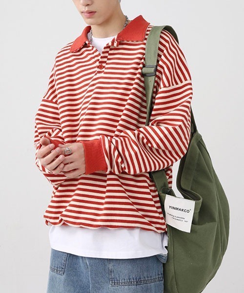 WESTBOY(ウエストボーイ)の「ルーズシルエットニットボーダーポロシャツ WO22WTP03【WB ORIGINALS】(ポロシャツ・メンズ・ブラック/レッド/グリーン・M/L/XL)」の5枚目の写真
