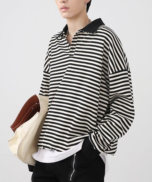 WESTBOY(ウエストボーイ)の「ルーズシルエットニットボーダーポロシャツ WO22WTP03【WB ORIGINALS】(ポロシャツ・メンズ・ブラック/レッド/グリーン・M/L/XL)」の4枚目の写真