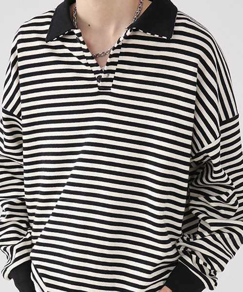 WESTBOY(ウエストボーイ)の「ルーズシルエットニットボーダーポロシャツ WO22WTP03【WB ORIGINALS】(ポロシャツ・メンズ・ブラック/レッド/グリーン・M/L/XL)」の13枚目の写真