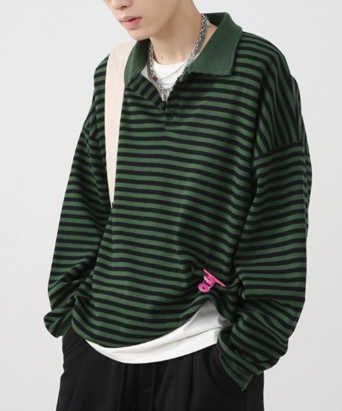 WESTBOY(ウエストボーイ)の「ルーズシルエットニットボーダーポロシャツ WO22WTP03【WB ORIGINALS】(ポロシャツ・メンズ・ブラック/レッド/グリーン・M/L/XL)」の9枚目の写真