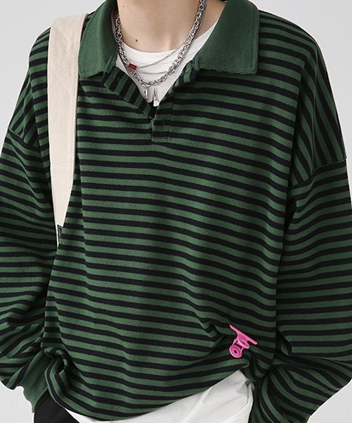 WESTBOY(ウエストボーイ)の「ルーズシルエットニットボーダーポロシャツ WO22WTP03【WB ORIGINALS】(ポロシャツ・メンズ・ブラック/レッド/グリーン・M/L/XL)」の7枚目の写真