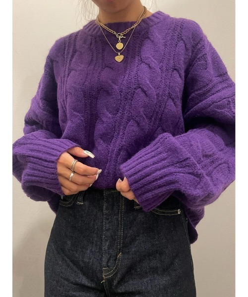 HONEYSUCKLE ROSE（ハニーサックルローズ）の「【HONEYSUCKLE ROSE】ケーブルクルーネックニット（ニット/セーター・レディース・オフホワイト/パープル/キャメル・L/M）」の16枚目の写真