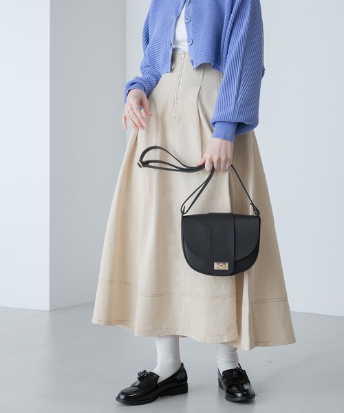 BONLECILL（ボンルシール）の「配色ステッチ タックフレア ハイウエストデニム/ツイルスカート（デニムスカート・レディース・ブラック/アイボリー/ネイビー・FREE）」の21枚目の写真