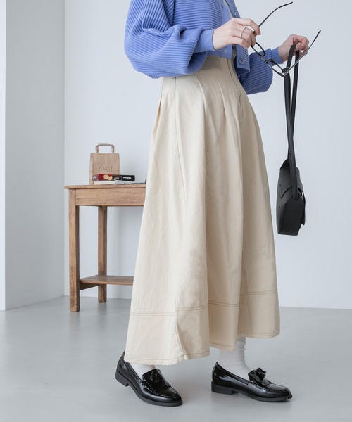 BONLECILL（ボンルシール）の「配色ステッチ タックフレア ハイウエストデニム/ツイルスカート（デニムスカート・レディース・ブラック/アイボリー/ネイビー・FREE）」の9枚目の写真