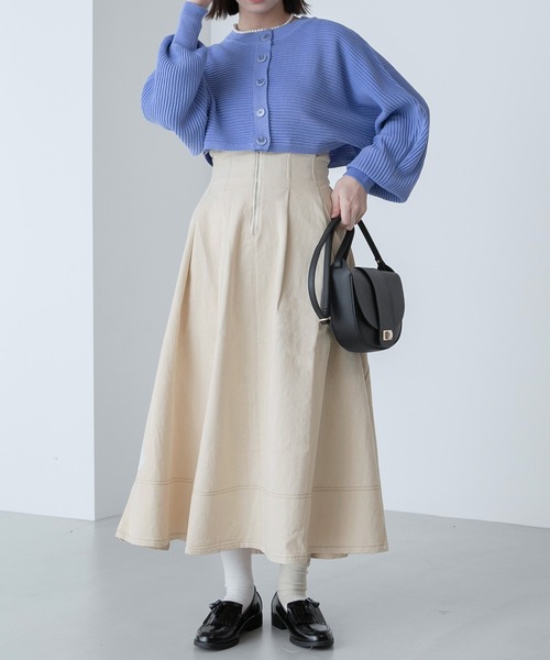 BONLECILL（ボンルシール）の「配色ステッチ タックフレア ハイウエストデニム/ツイルスカート（デニムスカート・レディース・ブラック/アイボリー/ネイビー・FREE）」の14枚目の写真