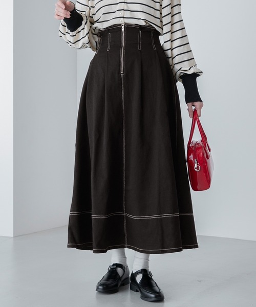 BONLECILL（ボンルシール）の「配色ステッチ タックフレア ハイウエストデニム/ツイルスカート（デニムスカート・レディース・ブラック/アイボリー/ネイビー・FREE）」の22枚目の写真