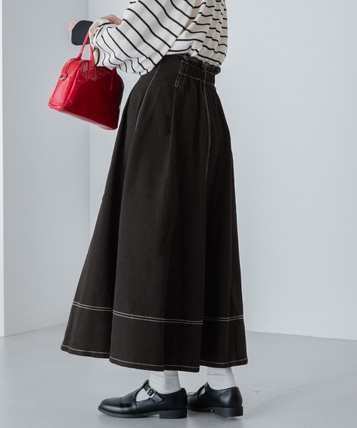BONLECILL（ボンルシール）の「配色ステッチ タックフレア ハイウエストデニム/ツイルスカート（デニムスカート・レディース・ブラック/アイボリー/ネイビー・FREE）」の19枚目の写真