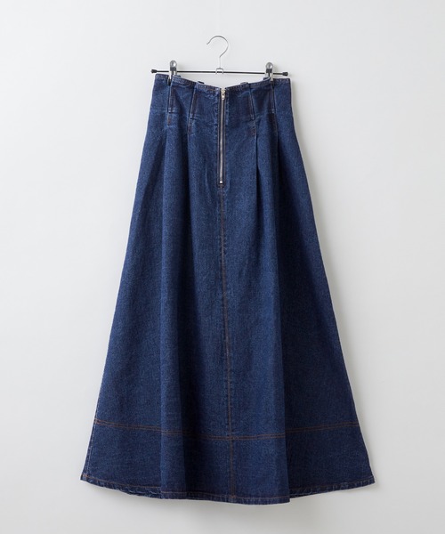 BONLECILL（ボンルシール）の「配色ステッチ タックフレア ハイウエストデニム/ツイルスカート（デニムスカート・レディース・ブラック/アイボリー/ネイビー・FREE）」の7枚目の写真