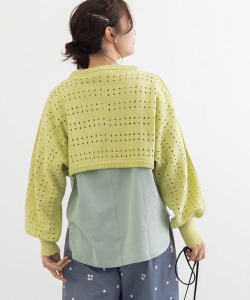 POU DOU DOU（プードゥドゥ）の「ボーダーアイレット編みショート丈ボレロカーディガン（カーディガン/ボレロ・レディース・ブラック/アイボリー/ライトグリーン・3）」の13枚目の写真