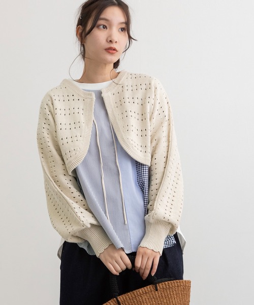 POU DOU DOU（プードゥドゥ）の「ボーダーアイレット編みショート丈ボレロカーディガン（カーディガン/ボレロ・レディース・ブラック/アイボリー/ライトグリーン・3）」の7枚目の写真
