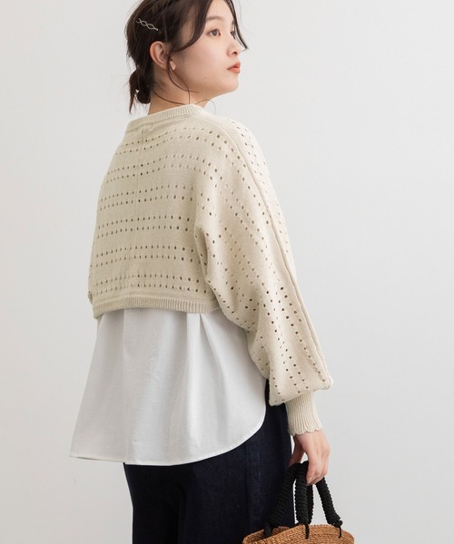 POU DOU DOU（プードゥドゥ）の「ボーダーアイレット編みショート丈ボレロカーディガン（カーディガン/ボレロ・レディース・ブラック/アイボリー/ライトグリーン・3）」の14枚目の写真