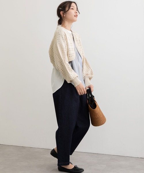 POU DOU DOU（プードゥドゥ）の「ボーダーアイレット編みショート丈ボレロカーディガン（カーディガン/ボレロ・レディース・ブラック/アイボリー/ライトグリーン・3）」の5枚目の写真