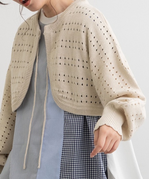 POU DOU DOU（プードゥドゥ）の「ボーダーアイレット編みショート丈ボレロカーディガン（カーディガン/ボレロ・レディース・ブラック/アイボリー/ライトグリーン・3）」の11枚目の写真