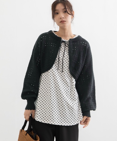 POU DOU DOU（プードゥドゥ）の「ボーダーアイレット編みショート丈ボレロカーディガン（カーディガン/ボレロ・レディース・ブラック/アイボリー/ライトグリーン・3）」の8枚目の写真