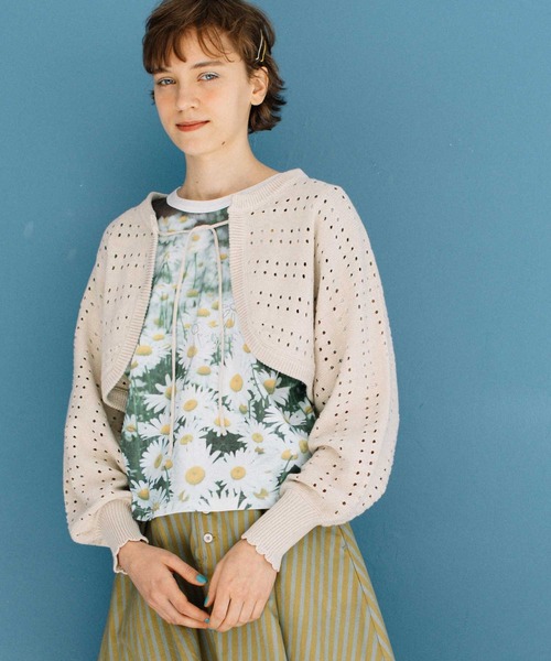 POU DOU DOU（プードゥドゥ）の「ボーダーアイレット編みショート丈ボレロカーディガン（カーディガン/ボレロ・レディース・ブラック/アイボリー/ライトグリーン・3）」の9枚目の写真