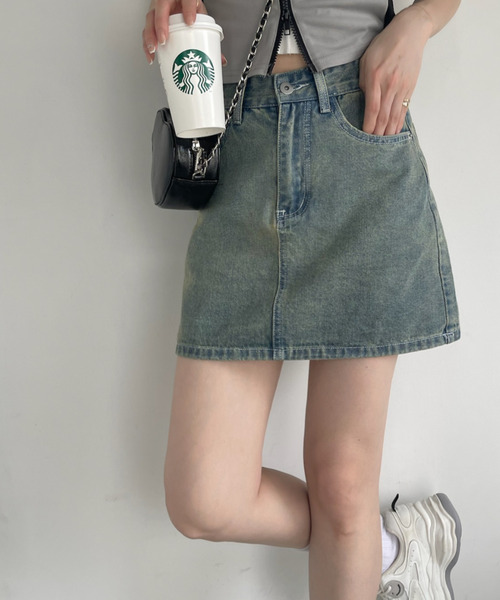 Ada.（エイダ）の「★特別プライス！今なら490円！★デニム 台形 ミニスカート（スカート・レディース・ダークブルー/ライトブルー/ケミカルウォッシュ/ブラック・M/S）」の4枚目の写真