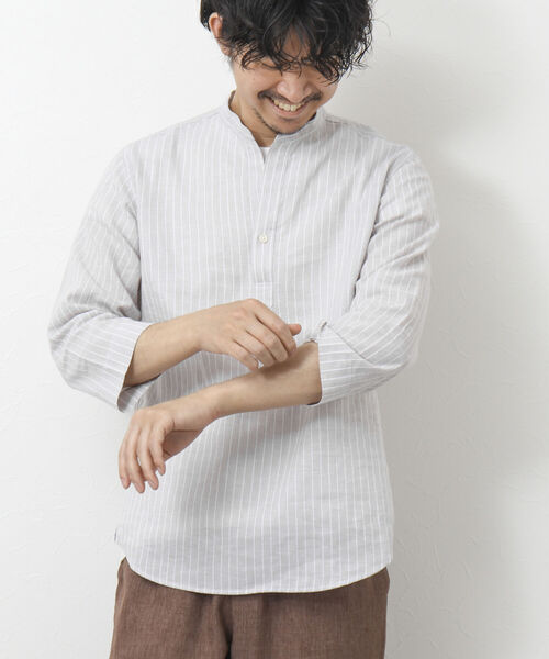 NOLLEY'S goodman(ノーリーズグッドマン)の「リネン混 バンドカラースキッパー7分袖シャツ(シャツ/ブラウス・メンズ・ネイビー/グレー/ブルー・S/M/L)」の1枚目の写真